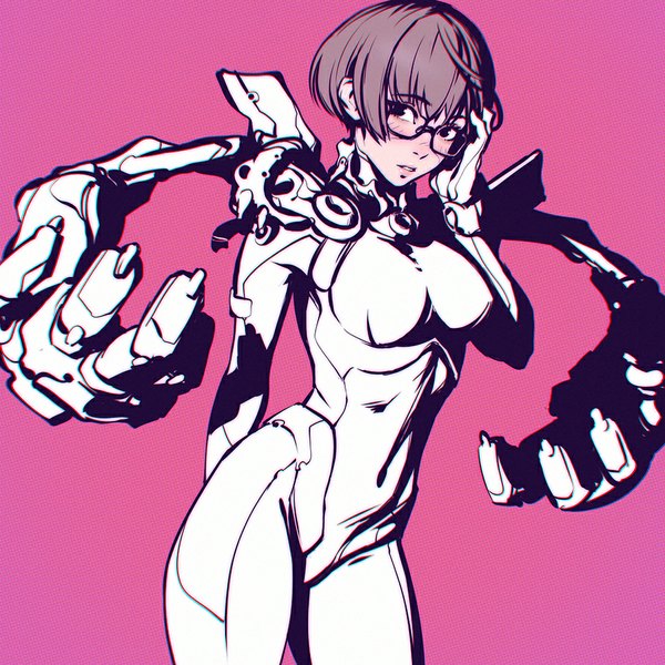 Anime picture 900x900 with original ilya kuvshinov single looking at viewer blush fringe short hair simple background brown hair standing black eyes covered navel pink background hand on head arm behind back mechanical arms girl glasses bodysuit