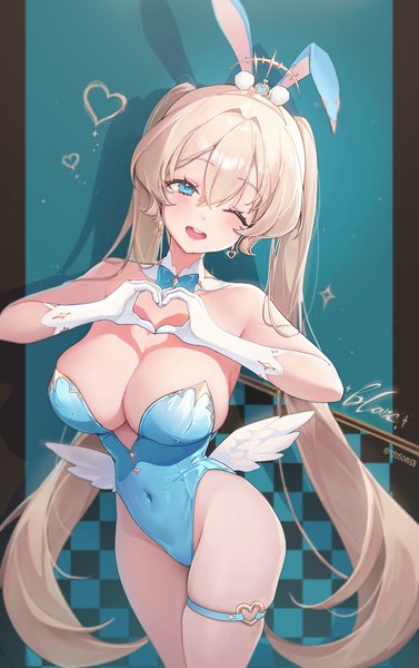 Anime picture 4424x7034 with original ttosom single long hair tall image looking at viewer blush fringe highres breasts open mouth blue eyes light erotic blonde hair smile hair between eyes large breasts standing twintails signed
