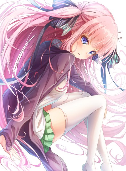 Anime picture 780x1052 with go-toubun no hanayome nakano nino matokechi single tall image looking at viewer blush fringe breasts blue eyes light erotic simple background white background sitting pink hair bent knee (knees) blunt bangs long sleeves very long hair parted lips