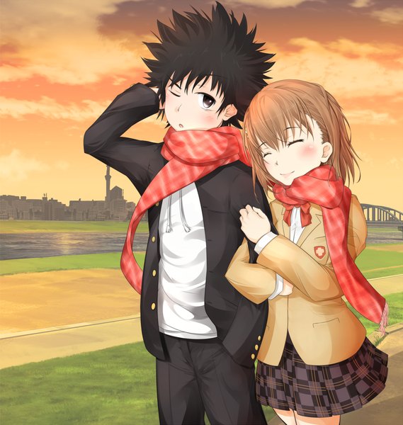 Anime picture 1110x1170 with to aru kagaku no railgun to aru majutsu no index j.c. staff misaka mikoto kamijou touma shin (highest1192) tall image blush fringe short hair black hair brown hair sky eyes closed one eye closed light smile black eyes couple evening sunset