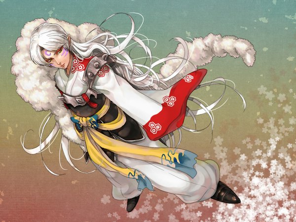 Anime picture 1280x960 with inuyasha sesshomaru kmk single long hair standing yellow eyes white hair pointy ears facial mark face paint boy armor