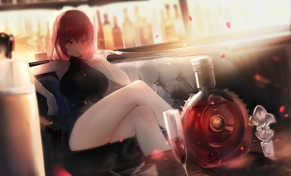 Anime picture 1920x1160 with original lee sirin (2sirin00) single long hair looking at viewer fringe highres open mouth light erotic hair between eyes red eyes wide image sitting bare shoulders holding bent knee (knees) red hair indoors nail polish fingernails