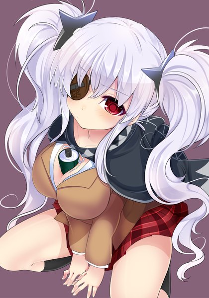 Anime picture 700x1000 with senran kagura yagyuu (senran kagura) haruta (806060) single long hair tall image looking at viewer blush simple background red eyes twintails white hair plaid skirt squat between breasts purple background girl skirt miniskirt cape