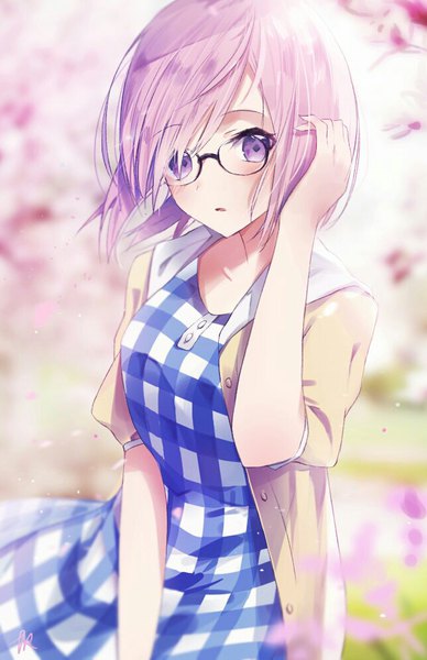 Anime picture 644x994 with fate (series) fate/grand order mash kyrielight tr (hareru) single tall image looking at viewer blush fringe short hair standing purple eyes signed pink hair parted lips wind blurry hair over one eye depth of field puffy sleeves