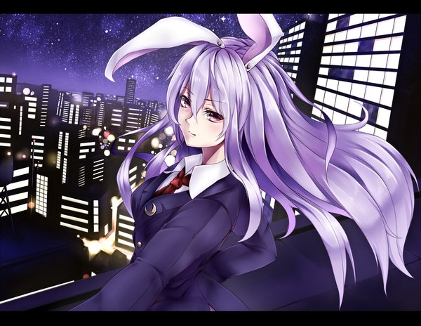 Anime picture 1900x1470 with touhou reisen udongein inaba izayoi-saki single long hair highres red eyes purple hair night bunny ears bunny girl letterboxed cityscape city lights girl suit