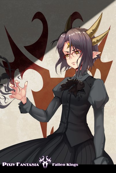 Anime picture 1748x2604 with original pixiv fantasia pixiv fantasia fallen kings realmbw single tall image fringe highres short hair breasts standing yellow eyes looking away purple hair horn (horns) pointy ears inscription girl bow glasses