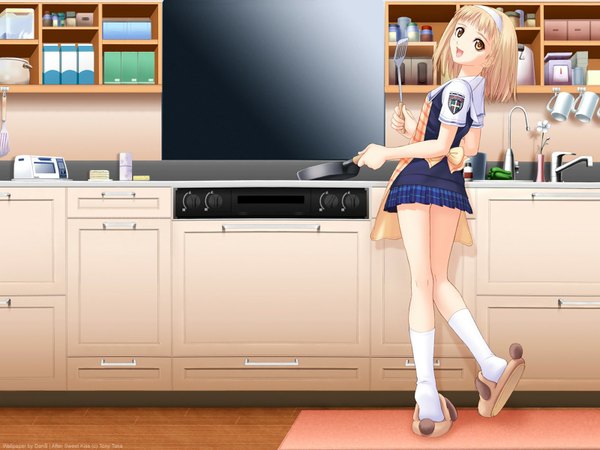 Anime picture 1600x1200 with after takawashi nagisa tony taka single short hair open mouth blonde hair brown eyes yellow eyes looking back cooking girl skirt uniform school uniform socks serafuku shoes hairband white socks