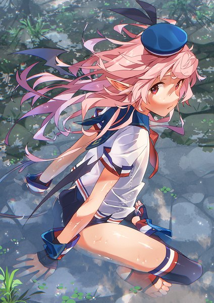 Anime picture 849x1200 with original recri (narumi arata) narumi arata single long hair tall image looking at viewer blush fringe light erotic red eyes sitting pink hair outdoors ass pointy ears arm support short sleeves reflection black wings