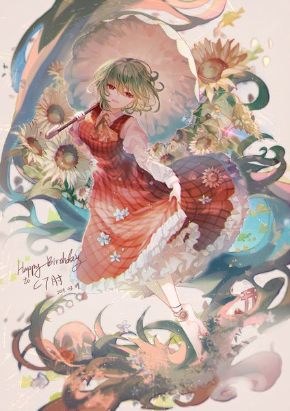 Anime picture 1240x1754 with touhou kazami yuuka yasato single tall image looking at viewer fringe short hair open mouth smile hair between eyes red eyes holding full body nail polish :d barefoot green hair puffy sleeves dated