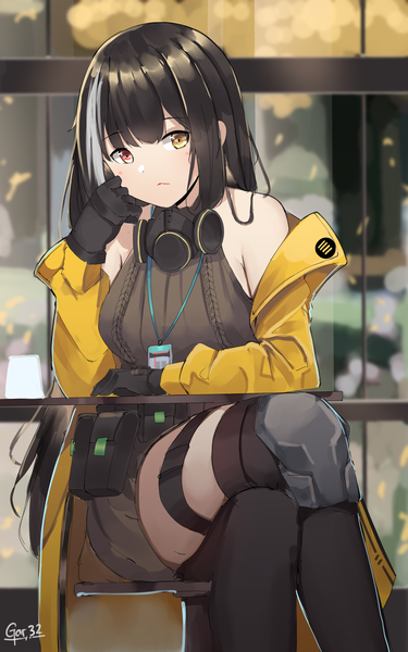 Anime-Bild 2500x4000 mit girls frontline ro635 (girls frontline) tegar32 single long hair tall image looking at viewer blush fringe highres breasts black hair red eyes large breasts sitting bare shoulders signed yellow eyes white hair indoors