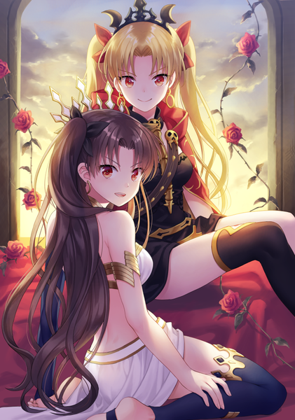 Anime picture 702x1000 with fate (series) fate/grand order ishtar (fate) ereshkigal (fate) yamyom long hair tall image looking at viewer blush fringe open mouth black hair blonde hair smile red eyes sitting bare shoulders multiple girls sky cloud (clouds)