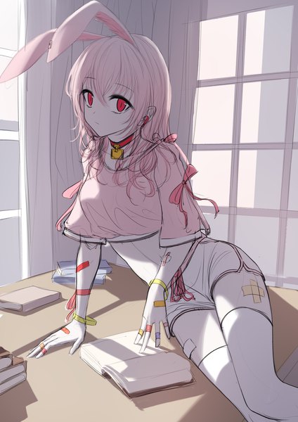 Anime picture 2894x4093 with tsumi no hahen (debris) lirin (bae.c) bae.c single long hair tall image looking at viewer fringe highres hair between eyes red eyes sitting animal ears pink hair indoors nail polish fingernails arm support bunny ears bunny girl