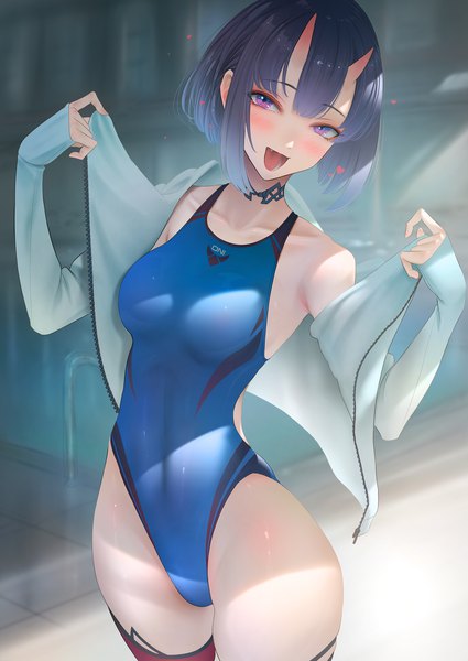 Anime picture 1275x1800 with fate (series) fate/grand order shuten douji (fate) imizu (nitro unknown) single tall image looking at viewer blush fringe short hair breasts open mouth light erotic smile standing purple eyes purple hair long sleeves :d horn (horns)