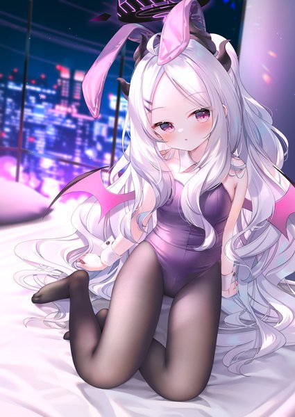 Anime picture 2508x3541 with blue archive hina (blue archive) chen bin single long hair tall image looking at viewer blush highres open mouth light erotic sitting purple eyes animal ears payot silver hair full body ahoge bent knee (knees) indoors