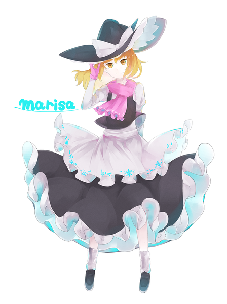 Anime picture 1142x1530 with touhou kirisame marisa crazyoton46 single long hair tall image looking at viewer simple background blonde hair smile standing white background yellow eyes full body head tilt multicolored hair wind character names colored inner hair pale skin