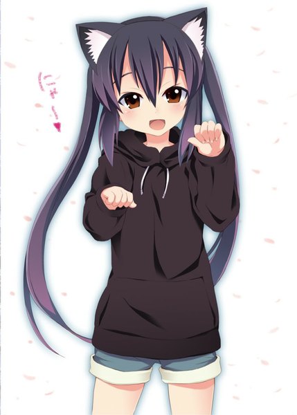 Anime picture 731x1023 with k-on! kyoto animation nakano azusa kishiri toworu long hair tall image looking at viewer blush open mouth smile animal ears cat ears cat girl girl petals shorts hood hoodie