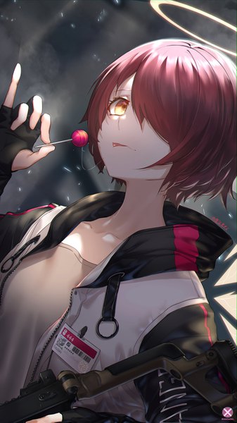Anime picture 1863x3312 with arknights exusiai (arknights) mahousho single tall image fringe highres short hair upper body red hair hair over one eye orange eyes saliva saliva trail pinky out girl gloves food sweets fingerless gloves