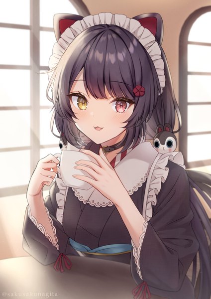 Anime picture 1447x2047 with virtual youtuber nijisanji inui toko sakunagita single long hair tall image looking at viewer black hair twintails animal ears upper body indoors traditional clothes japanese clothes heterochromia low twintails dog ears wa maid girl
