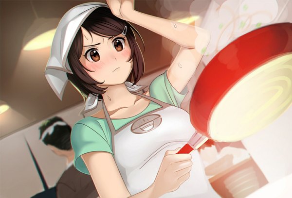 Anime picture 1189x810 with love money rock'n'roll kagome (love money rock'n'roll) revolmxd single blush short hair black hair brown eyes cooking girl apron
