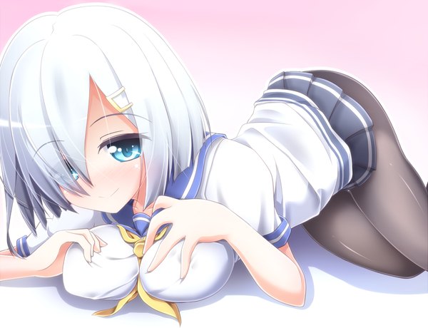 Anime picture 1200x921 with kantai collection hamakaze destroyer hamakaze (kantai collection) evandragon single looking at viewer blush short hair breasts blue eyes light erotic large breasts white hair lying breast grab girl skirt hair ornament miniskirt pantyhose
