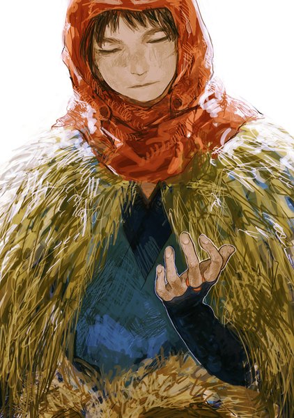 Anime picture 606x861 with mononoke hime studio ghibli ashitaka tomal single tall image simple background brown hair white background eyes closed fingernails outstretched arm boy fur hood