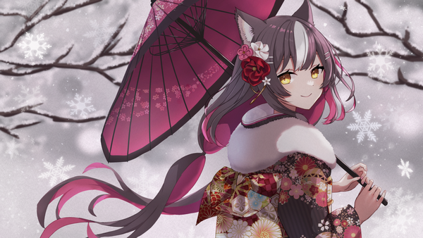 Anime-Bild 1200x675 mit virtual youtuber phase connect chisaka airi uni (wzzm4375) single long hair looking at viewer blush fringe smile brown hair wide image twintails holding animal ears yellow eyes upper body outdoors long sleeves traditional clothes