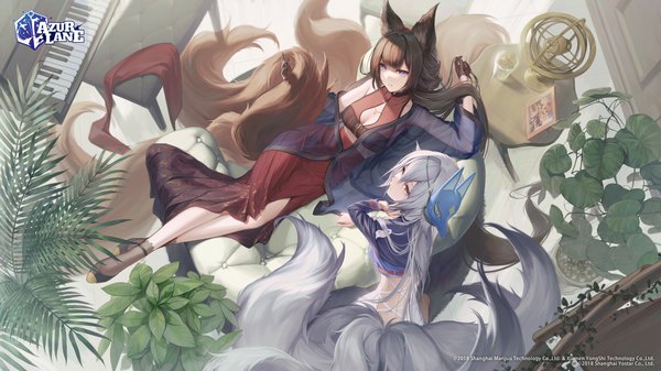 Anime picture 2667x1500 with azur lane amagi (azur lane) tosa (azur lane) starbottle long hair looking at viewer fringe highres breasts open mouth hair between eyes brown hair wide image purple eyes multiple girls animal ears silver hair tail lying blunt bangs