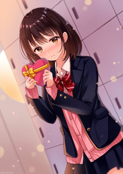 Anime picture 773x1093 with original sakura hiyori single tall image looking at viewer blush fringe short hair hair between eyes brown hair standing holding signed yellow eyes payot indoors long sleeves pleated skirt light smile blurry