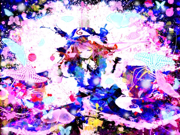 Anime picture 2000x1500 with touhou saigyouji yuyuko meola highres smile pink hair eyes closed girl hat petals insect butterfly
