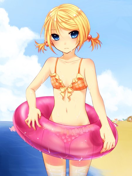 Anime picture 1200x1600 with vocaloid kagamine rin yayoi (egoistic realism) single tall image short hair blue eyes light erotic blonde hair twintails short twintails girl navel swimsuit bikini swim ring polka dot bikini