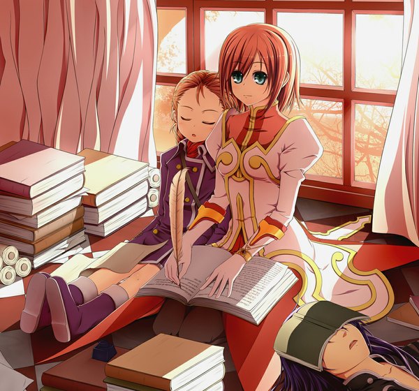 Anime picture 1030x963 with tales of (series) tales of vesperia yuri lowell estellise sidos heurassein patty fleur nekoro short hair brown hair multiple girls green eyes purple hair eyes closed girl book (books) 3 girls feather (feathers)