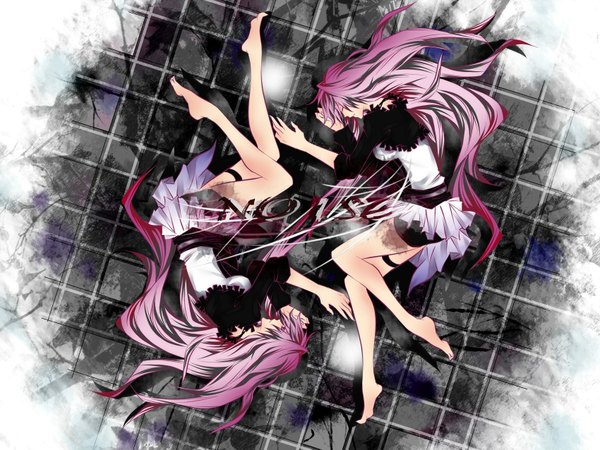 Anime picture 1700x1275 with vocaloid megurine luka tyouya long hair highres blue eyes multiple girls pink hair lying eyes closed barefoot inscription girl dress 2 girls garter (garters)