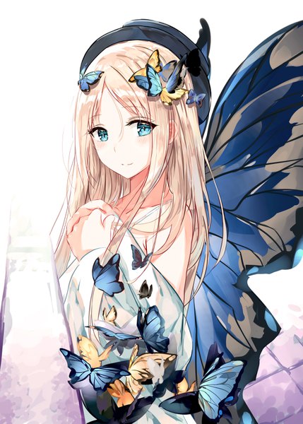 Anime-Bild 2500x3495 mit fate (series) fate/grand order abigail williams (fate) eien no juu nana-sa single long hair tall image looking at viewer blush fringe highres blue eyes simple background blonde hair hair between eyes standing white background light smile insect wings butterfly wings