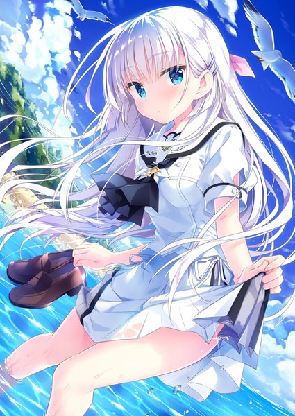 Anime picture 1500x2118 with summer pockets key (studio) naruse shiroha kimishima ao single long hair tall image looking at viewer fringe blue eyes light erotic holding sky silver hair cloud (clouds) sparkle leaning leaning forward partially submerged shoes removed