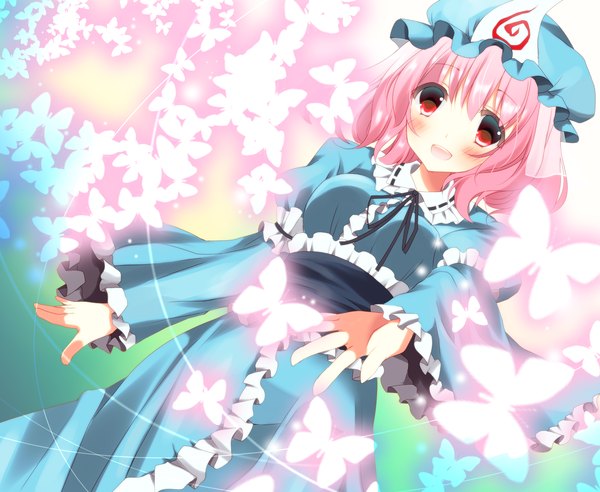 Anime picture 2069x1700 with touhou saigyouji yuyuko stigma1101 single looking at viewer blush highres short hair open mouth smile red eyes pink hair japanese clothes girl dress insect butterfly bonnet