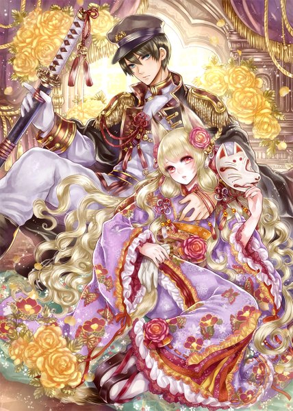 Anime picture 1000x1403 with original haruci long hair tall image short hair blue eyes black hair blonde hair red eyes animal ears traditional clothes japanese clothes fox ears wavy hair girl boy flower (flowers) weapon petals sword