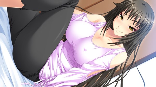 Anime picture 1280x720 with dekakute ecchi na ore no ane long hair blush breasts light erotic black hair smile wide image large breasts yellow eyes game cg girl leggings