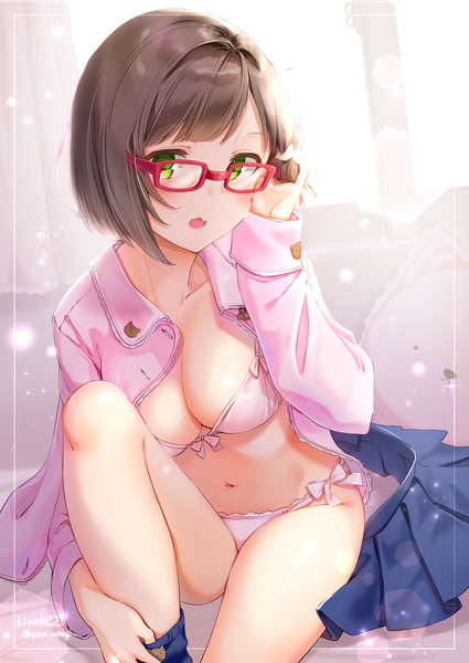 Anime-Bild 1129x1594 mit idolmaster idolmaster cinderella girls maekawa miku kinako (shiratama mochi) single tall image looking at viewer blush fringe short hair breasts open mouth light erotic brown hair large breasts sitting green eyes signed cleavage bent knee (knees)