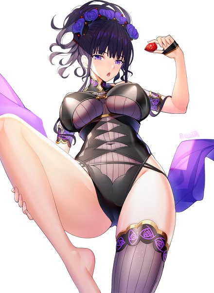 Anime picture 880x1200 with fate (series) fate/grand order murasaki shikibu (fate) murasaki shikibu (swimsuit rider) (fate) ririko (zhuoyandesailaer) single tall image looking at viewer blush fringe short hair breasts open mouth light erotic simple background large breasts white background purple eyes holding signed