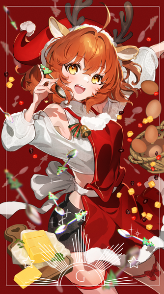 Anime picture 830x1493 with fate (series) fate/grand order fujimaru ritsuka (female) galibo single tall image looking at viewer fringe short hair open mouth hair between eyes bare shoulders yellow eyes ahoge :d horn (horns) orange hair outstretched arm christmas red background