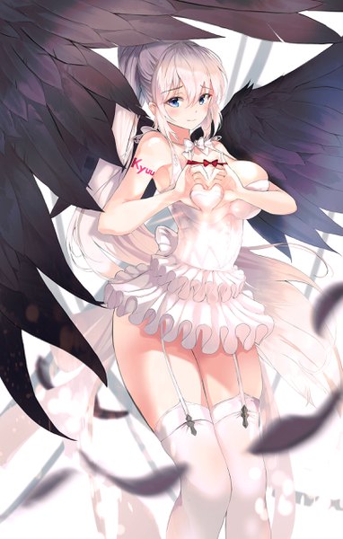 Anime picture 1611x2527 with original kooemong single long hair tall image looking at viewer blush fringe breasts blue eyes light erotic simple background hair between eyes large breasts white background white hair ponytail sleeveless black wings heart hands