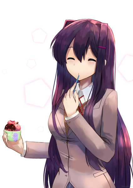 Anime picture 1592x2251 with doki doki literature club yuri (doki doki literature club) takuyarawr single long hair tall image blush fringe simple background hair between eyes white background holding signed purple hair upper body eyes closed long sleeves eating ^ ^ girl