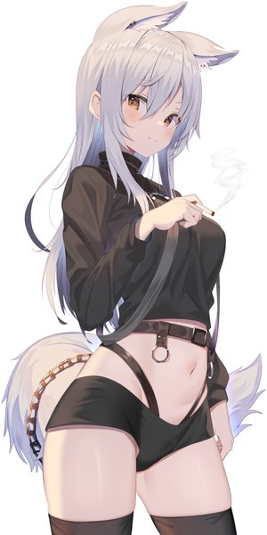 Anime picture 2000x4000 with original jun (aousa0328) single long hair tall image looking at viewer blush fringe highres simple background smile hair between eyes standing white background animal ears silver hair tail long sleeves animal tail fox ears