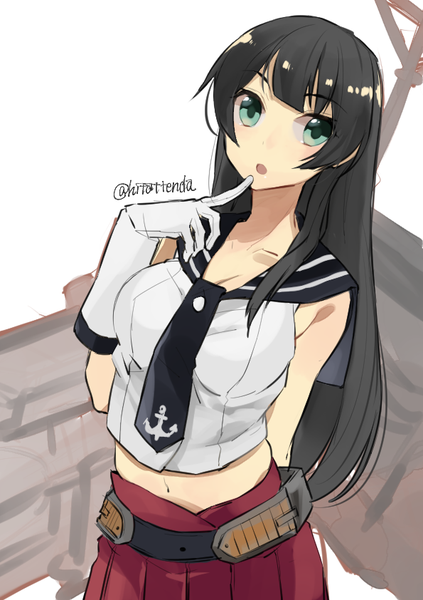 Anime picture 595x842 with kantai collection agano light cruiser hita (hitapita) single long hair tall image fringe open mouth black hair simple background white background signed looking away aqua eyes bare belly sleeveless finger to mouth arm behind back girl gloves