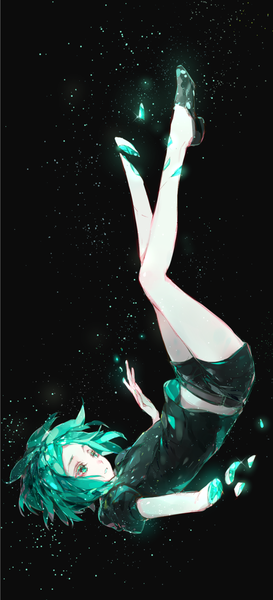 Anime picture 675x1480 with houseki no kuni phosphophyllite mikuru rumisora single tall image short hair simple background green eyes full body green hair puffy sleeves black background expressionless upside down androgynous amputee