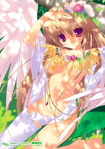 Anime picture 2477x3500 with original tsurusaki takahiro single long hair tall image looking at viewer blush highres breasts light erotic blonde hair red eyes barefoot hair flower girl navel hair ornament wings jewelry