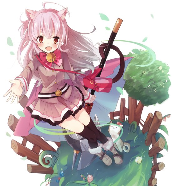 Anime picture 1500x1629 with ritsu single long hair tall image blush open mouth red eyes animal ears pink hair tail animal tail cat ears cat girl cat tail outstretched arm girl thighhighs weapon black thighhighs plant (plants)