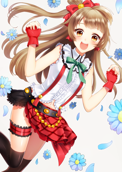 Anime picture 2508x3541 with love live! school idol project sunrise (studio) love live! minami kotori mizuno kei single long hair tall image blush highres simple background smile brown hair yellow eyes one side up happy girl thighhighs skirt gloves