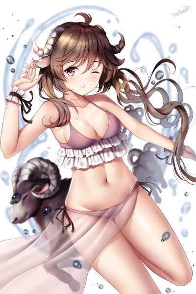 Anime picture 1200x1800 with arknights eyjafjalla (arknights) wsman single long hair tall image looking at viewer blush fringe breasts light erotic simple background hair between eyes red eyes brown hair standing white background twintails signed animal ears