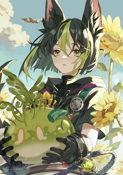 Anime picture 1000x1430 with genshin impact slime (genshin impact) tighnari (genshin impact) lazee b single tall image fringe short hair black hair hair between eyes holding green eyes animal ears looking away sky cloud (clouds) upper body outdoors multicolored hair streaked hair